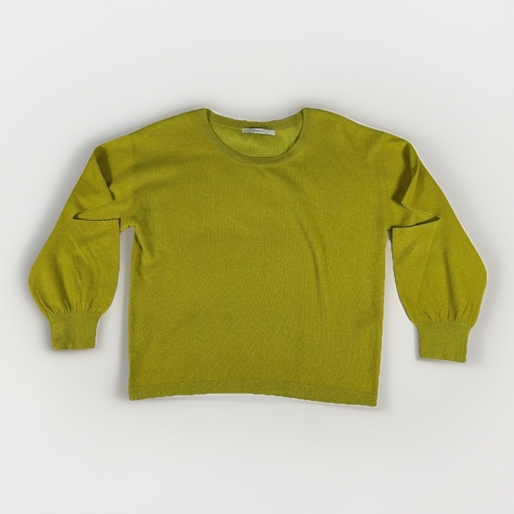 Uterque Knit Sweater Womens Small Chartreuse Metallic Cut Out Puff Sleeve Edgy